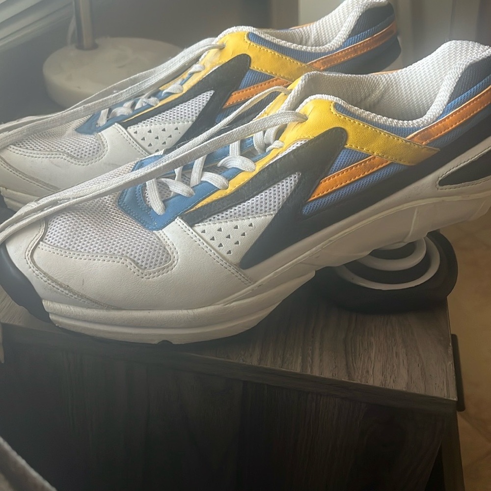 White Sneakers with Blue and Yellow Accents